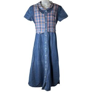 Alexandra Lee Denim Maxi Dress Size 10 Modest Plaid Prairie Cottagecore Vintage